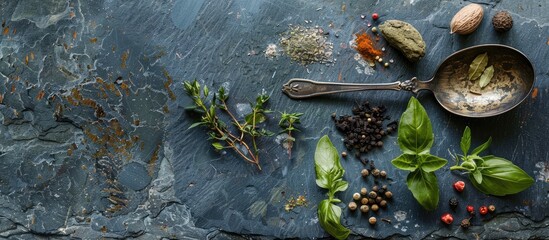 Herbs and spices displayed with an old metal spoon on a slate surface - Powered by Adobe