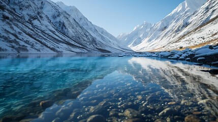A serene mountain lake, its glassy surface reflecting the majesty of the towering peaks that surround it, offering a peaceful retreat amidst nature's grandeur.