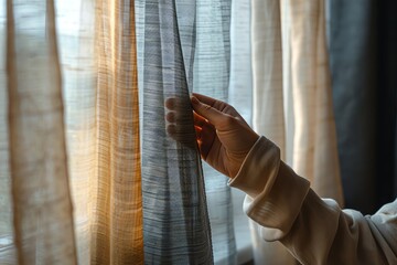 Magazine style image of a person holding up a selection of curtain fabrics in front of a window, showcasing the play of light through different materials and choosing the best fit for the room aesthet - obrazy, fototapety, plakaty
