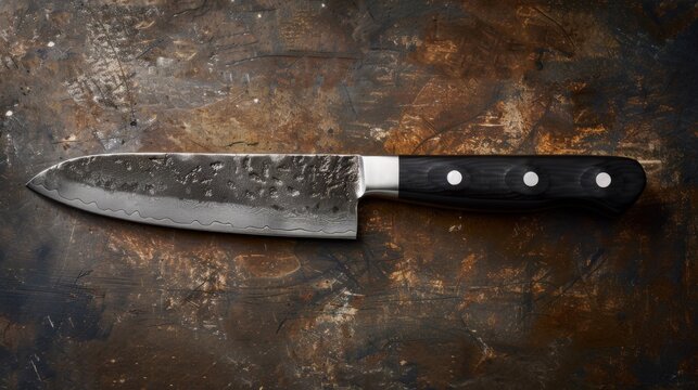 A large knife sitting on a rusty surface with black and white spots, AI
