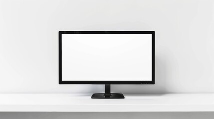 Blank mockup of a monitor on a white wall with a blank white screen .