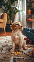 Owner Engaging in Positive Reinforcement Training with Cute Puppy in a Comfortable Home Setting