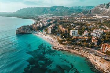 picturesque aerial view of albir town promenade sandy beach and mediterranean sea in spain