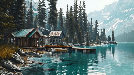 Obraz premium A serene lakeside retreat featuring wooden cabins nestled among the trees, with peaceful views of the calm waters and distant mountains.