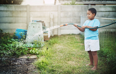 Boy, kid and outdoor with watering garden for planting or growth, child development and learning....