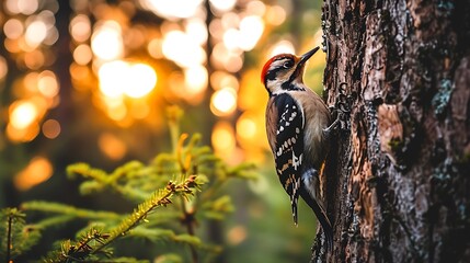 A serene image of a woodpecker perched on a tree branch, its vibrant feathers and distinctive markings adding a touch of color to the peaceful forest scene.