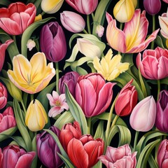 Digital art illustration of various tulips in full bloom, suitable for greeting cards, botanical presentations, and floral designs.