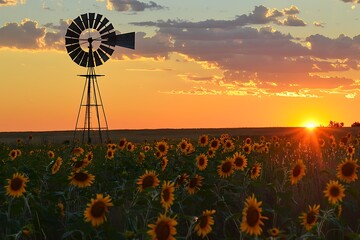 : A lone, wind-swept windmill silhouetted against a vibrant sunset, casting its long shadow across a field of golden sunflowers. Their faces turned towards the last rays of the day. - obrazy, fototapety, plakaty