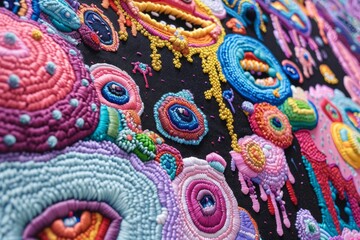 Close-up of colorful beadwork embroidery art, perfect for showcasing the intricacy of textile designs and handcrafted decoration techniques.