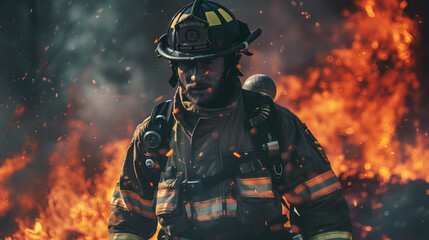 Fototapeta premium handsome firefighter in full gear, standing heroically amidst the chaos of an erupting fire with vibrant flames and smoke filling his environment