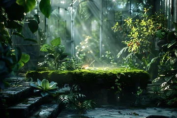 Fotobehang : A lush, overgrown greenhouse at night. Sunlight filters through the leaves of exotic plants, casting a magical, blurred light onto a moss-covered stone table. Perfect for © crescent