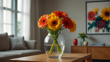 beautiful vase with gerberas in a living room