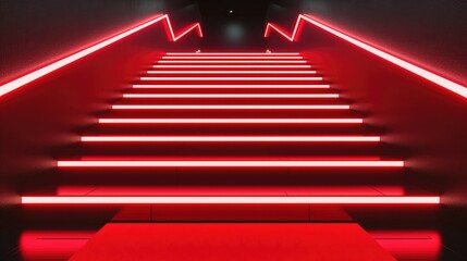 A set of stairs with red lights going up them