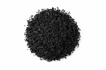 Pile dry black tea in shape circle isolated on white, top view vector icon, white background, black colour icon