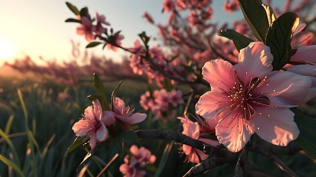A serene image of a peach tree showcasing its delicate pink blossoms and lush green foliage, evoking the beauty of springtime in the orchard.