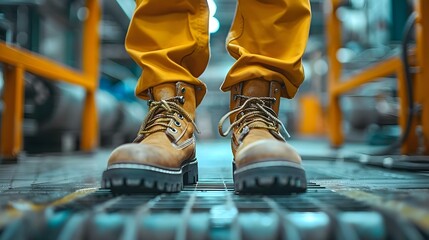 Industrial Rhythm: Safety Boots on Duty. Concept Industrial Safety, Work Boots, Factory Fashion, Protective Gear, Occupational Style