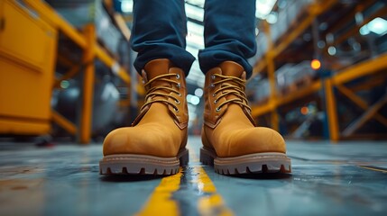 Sturdy Safety Boots in Factory Setting. Concept Safety Gear, Factory Work, Foot Protection, Workplace Safety