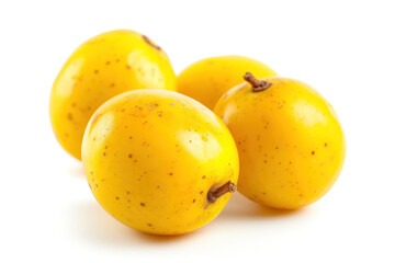 A stock image showing a marula fruit, isolated on a white background. This exotic African fruit is known for its nutritious value and is often used in food and skincare products.