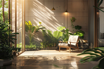 A room with a lot of plants and a chair