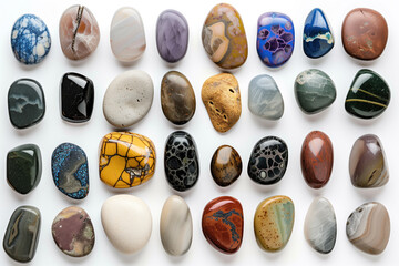 A collection of colorful rocks are arranged in a row