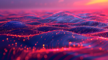 Abstract environment with radiant indigo and yellow light paths on a red field. Cloud computing. computer vision concept. Shining silicon wires floating in the void - obrazy, fototapety, plakaty