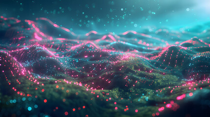 Abstract landscape with radiant pink and teal light routes on a green terrain. Cybersecurity. robotic process automation concept. Glowing digital tendrils floating in the sky - obrazy, fototapety, plakaty