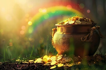 pot of gold with a rainbow lucky charm concept illustration digital art - obrazy, fototapety, plakaty