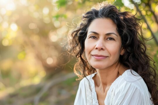 portrait of beautiful hispanic middleaged woman outdoors in nature lifestyle photo