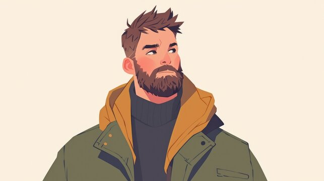 A male figure captured in a portrait set against a white background features distinctive brown hair and a stylish beard This character designed in a trendy flat 2d style serves as the perfe