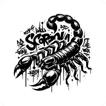scorpion silhouette, animal graffiti tag, hip hop, street art typography illustration.