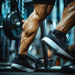 A close up of a man's muscular calves during a workout.
