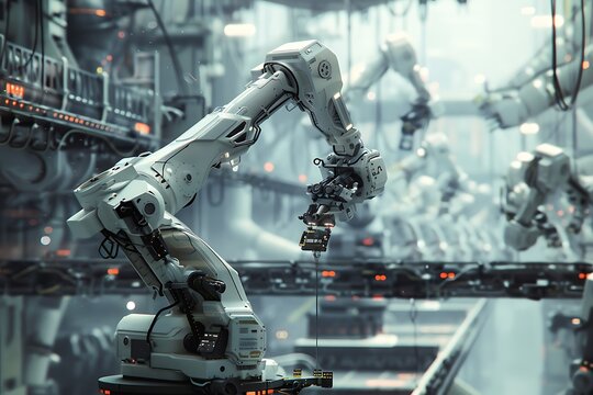 : A network of interconnected robotic arms working in a futuristic factory.