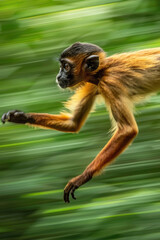 A monkey mid-jump in a blurry shot, captured in motion as it leaps through the air