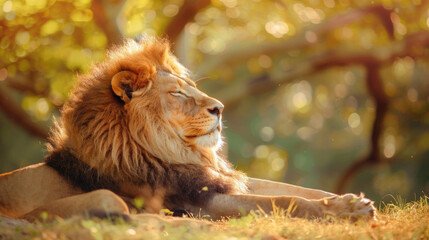 A lion lies in the grass with its eyes closed, showing a relaxed posture in its natural habitat