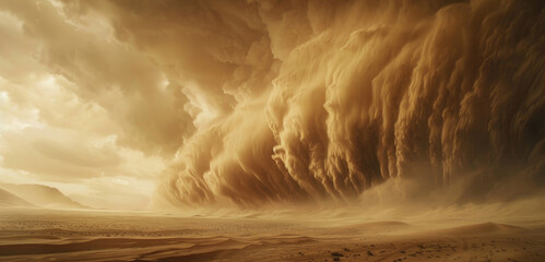 A large storm engulfs the desert landscape, with dark clouds moving swiftly overhead and sand swirling in the wind - Powered by Adobe