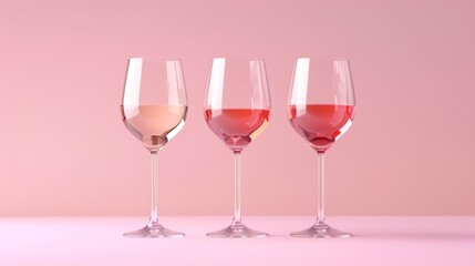 Blank mockup of a trio of wine glasses each filled with a different shade of pink rosÃ© against a pastel pink background. .