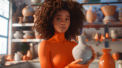 An AI potter shaping a ceramic vase. in a futuristic pottery studio