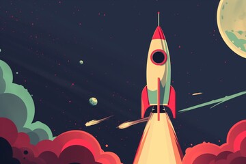 Stylized minimalist of a rocket launching into space with planets and stars