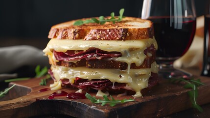 Sandwich with cheese, salami, and arugula on a wooden board