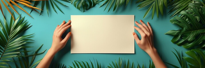 Panoramic banner with a summer travel planning concept with blank brochure: Hands arranging a blank brochure on a tropical leaf background, depicting vacation planning. Copy space for text an flat lay