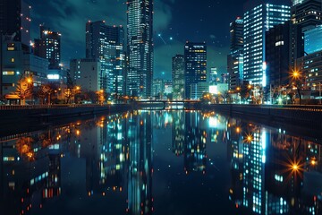 : A night-time scene of a cityscape reflected in a river.