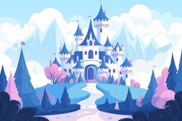 Minimalist illustration of a majestic castle amid a whimsical pastel landscape, ideal for luxury real estate themes