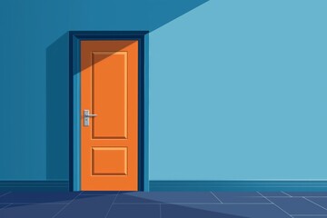 Contemporary illustration of a modern minimalist door with clean lines. Simplicity. And contrasting colors on blue wall and orange floor. Representing accessible interior design and minimalism