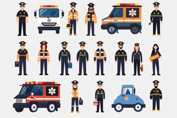 Fototapeta na wymiar Police, fire and ambulance. Emergency services. Vector illustration in a flat style 3D avatars set vector icon, white background, black colour icon