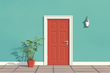 Illustration of a simple, elegant red door on a teal wall, with a plant and lantern, depicting entry and exit