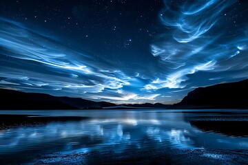 : A night sky filled with stars peeking through wispy noctilucent clouds.