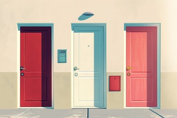 Modern minimalist concept of colorful illustrated doors with stylized design and abstract architecture, graphic art, vibrant interior decor, and contemporary creative entrance and exit