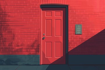 A vibrant red door on a textured brick wall, styled as a minimalist digital illustration, symbolizing entry or exit