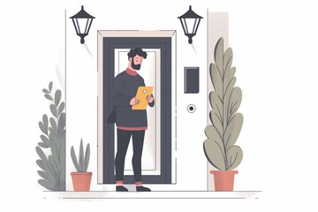 Minimalist illustration of a man making a no-contact delivery at a home's front door