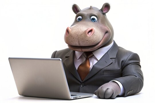 Business concept. Hyper-realistic animal character Begimot, adult, in a business suit, working at a laptop. Allegory concept in business. Generation of AI